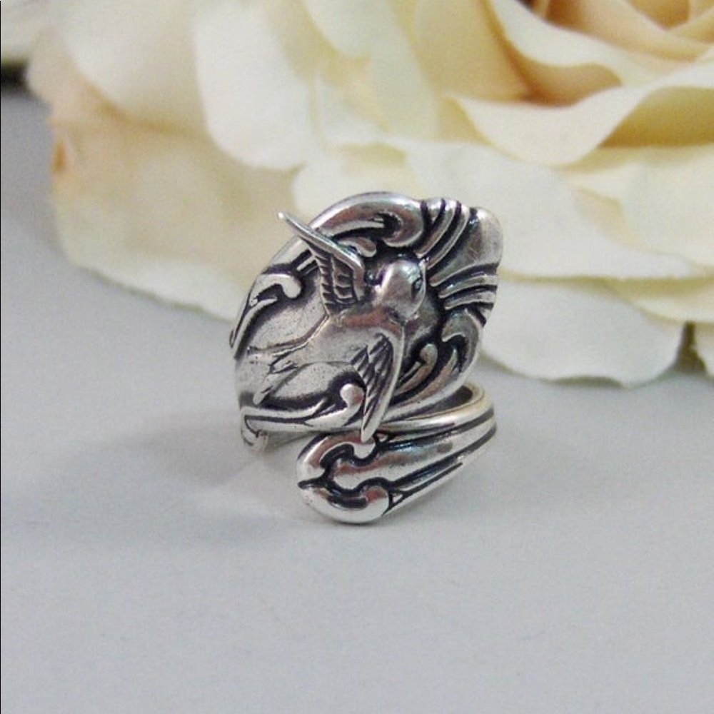 Ring Silver Spoon Vintage Sparrow Bird Antique Boho bohemian spring mother’s day - Picture 1 of 2